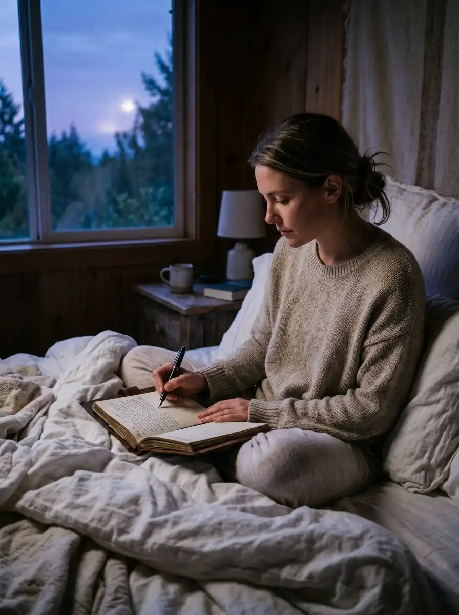 person writing in journal bed 202605261357 compressed